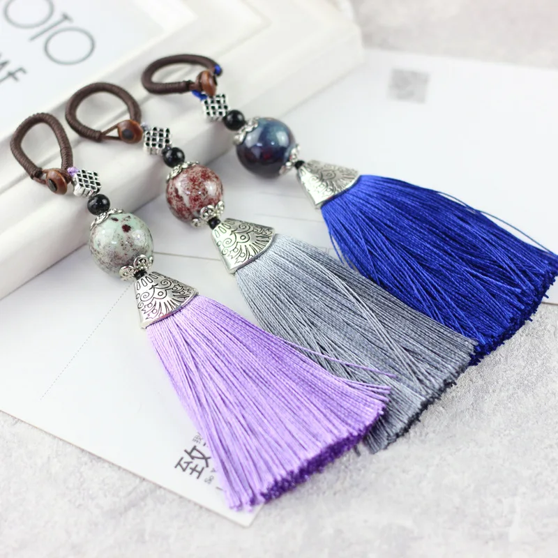 Chinese Style Ethnic Ceramic Stone Tassel Keychain Women Key Ring Vintage Handmade Weave Tassel Bag Car Key Holder Jewelry Gift