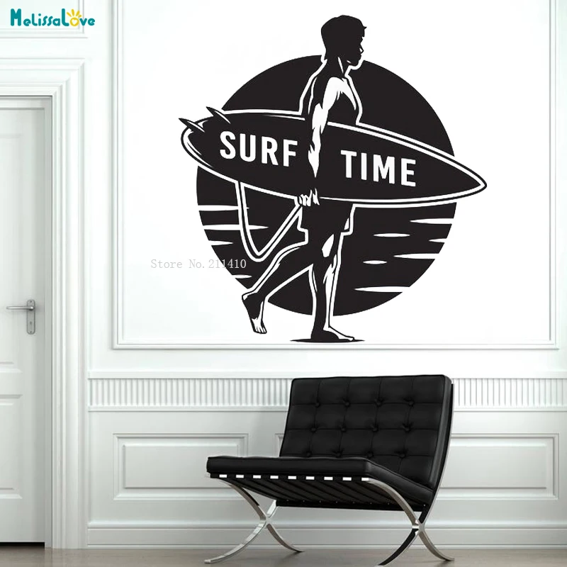 Surf Time Wall Sticker Man with Surfboard Conquer the Ocean Extreme Sports Decor Self-adhesive Cool Art Murals Vinyl YT1764