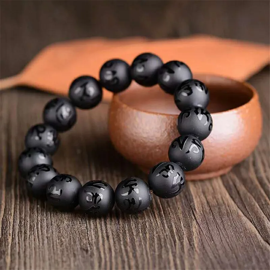 Natural Black Obsidian Six Word Design Bracelet Gemstone Rare Round Beads Woman Men Bracelet 10mm 12mm 14mm 16mm 18mm AAAAAA