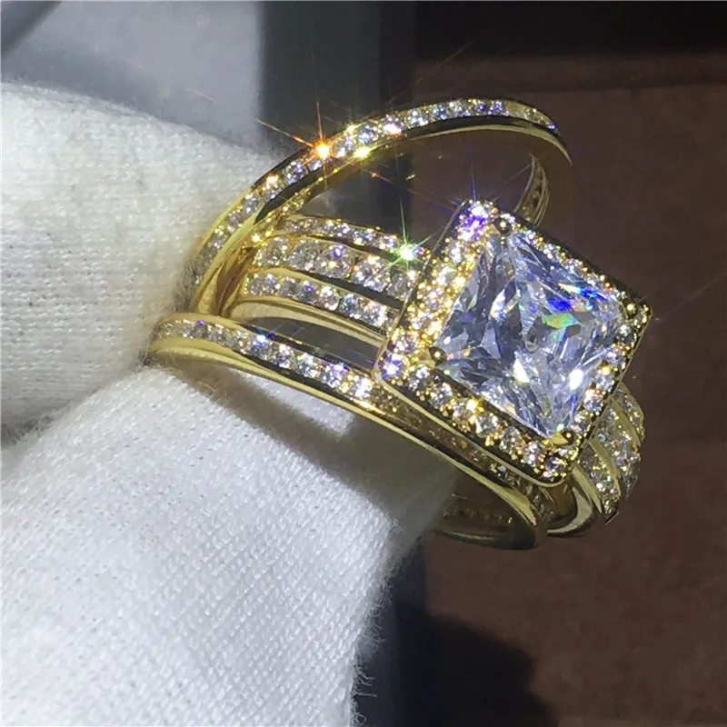Vecalon Princess cut 3-in-1 ring set Yellow Gold Filled 925 Silver 5A Zircon Cz Engagement wedding Band rings for women Men Gift