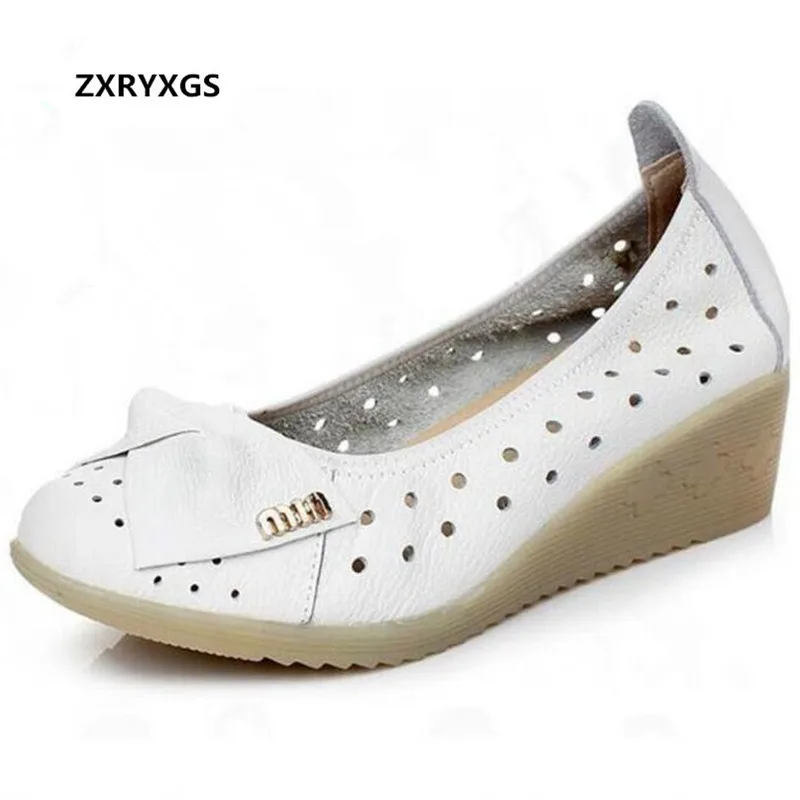 ZXRYXGS Brand Shoes Casual Soft Cow Leather Shoes Women Shoes White Nurse Hollow Sandals 2024 Spring Summer Wedges Fashion Shoes