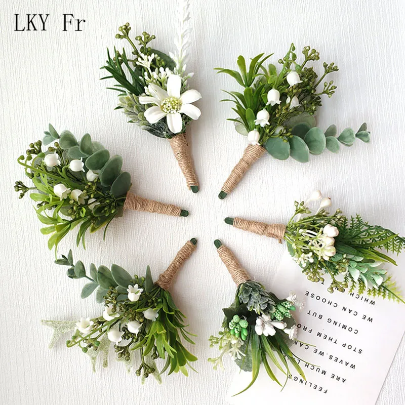 LKY Fr Boutonniere Corsage Pin ดอกไม้สีเขียวป่าแต่งงาน Boutonniere Buttonhole ผู้ชาย Planner แต่งงาน Corsages เข็มกลัด