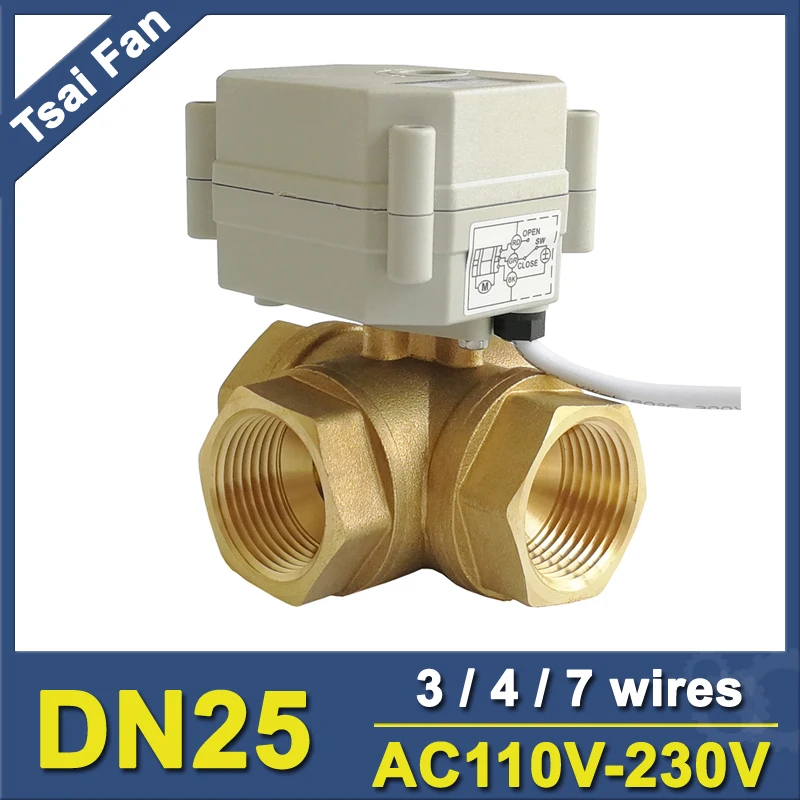 1'' DN25 Tsai Fan Motorized Valve 3 Way T/L Type Brass Motor Control Valve AC110V-230V 3/4/7 Wires For Flow Control