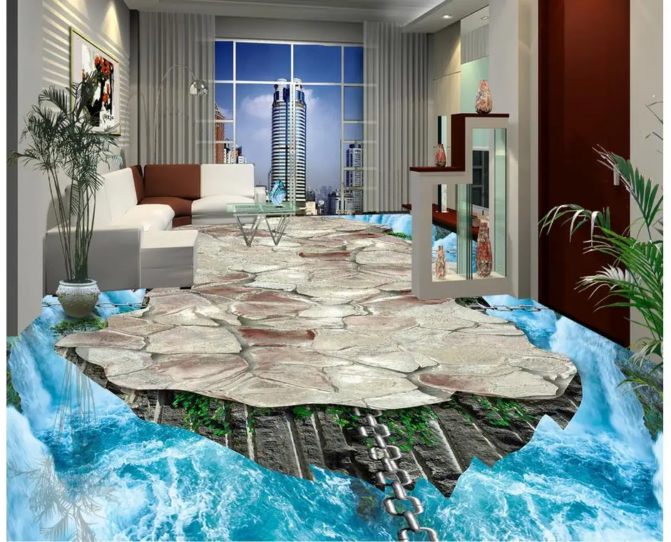 PVC floor sticker painting Murals Stone waterfall Custom Photo Floor 3D Wallpaper Modern Art