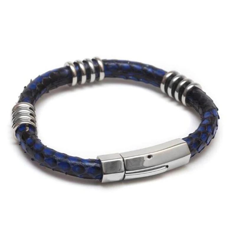 (10pcs) Blue 5mm Natural Python Python Skin leather with  Silver Stainless Steel Clasp Buckle Bracelet Bangle for Men Women gift