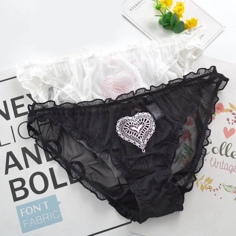 Sexy Lace Mesh Women Underwear Heart Print Cute Lovely Sweety Style Lady Panties Low Waist Hollow Transparent Ruffle Knickers