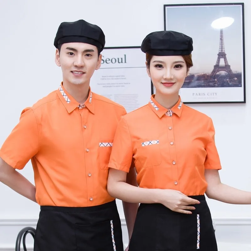 

Summer Restaurant Waiter Uniform for Women Short Sleeve T-Shirt with Apron Waitress Uniform Hot Pot Staff Work Suit Kitchen Wear