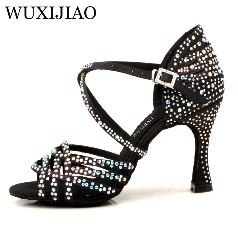 WUXIJIAO Women Salsa party Ballroom shoes Latin dance shoes big small rhinestone shining Skin Black satin Cuba heel 9cm