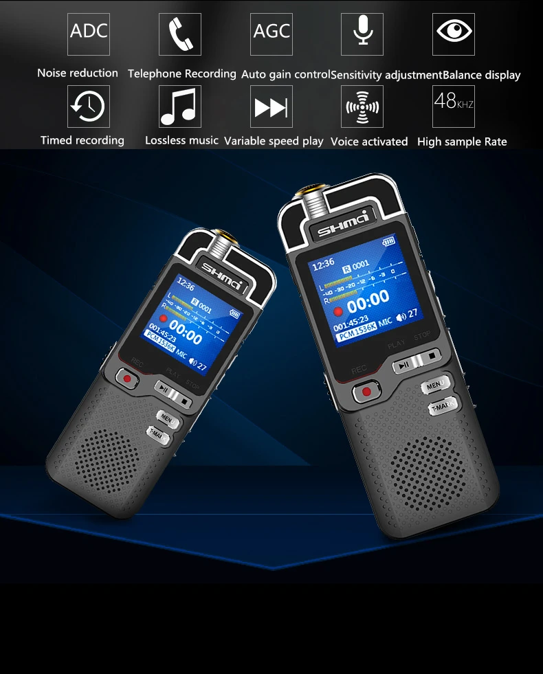 Shmci D60 Professional 1536Kbps Digital Voice-Activated Audio Recorder Mini Dictaphone Denoise Variable Speed Play MP3 Player