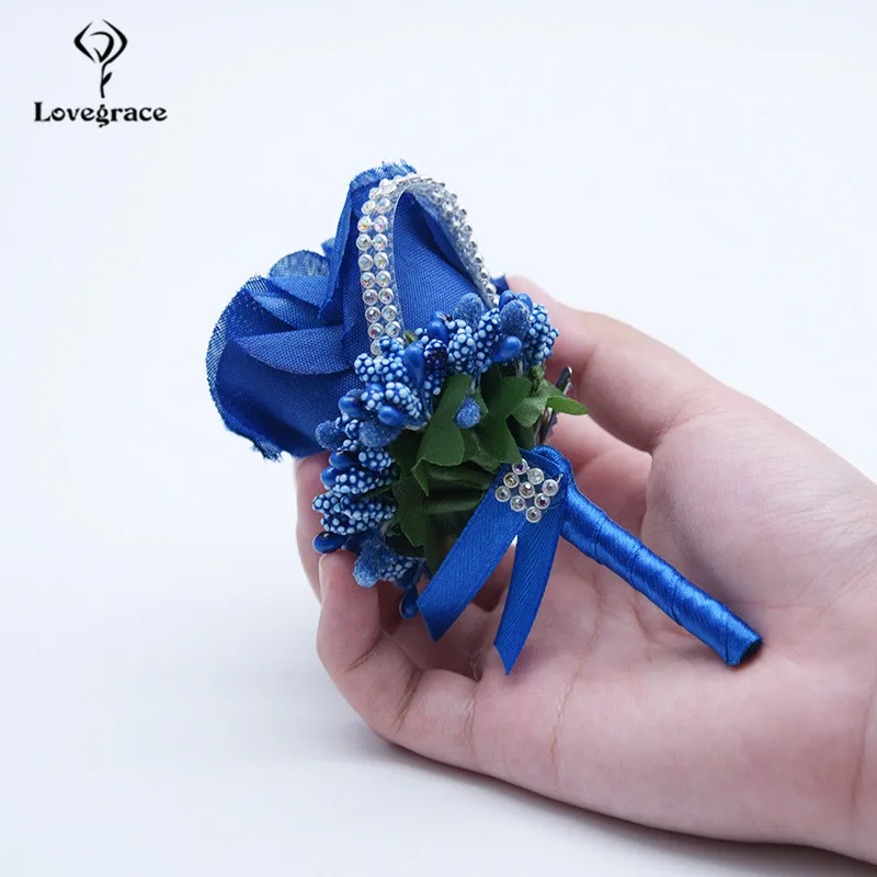 Cô dâu Chú Rể Xòe Tơ Nhân Tạo Hoa Hồng Boutonniere Cổ Tay Hoa Xanh Dương Pin Thổ Cẩm Trang Trí Đám Cưới Loài Chân Kim Cương Trắng Flores