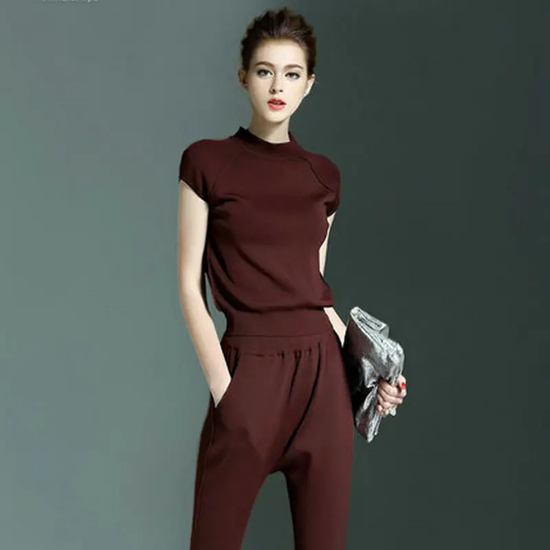 2016 New Knit short-sleeve Sweater pants Suits women fashion casual Crop Top and pants set slim knit T-shirt 2 pieces Set Women