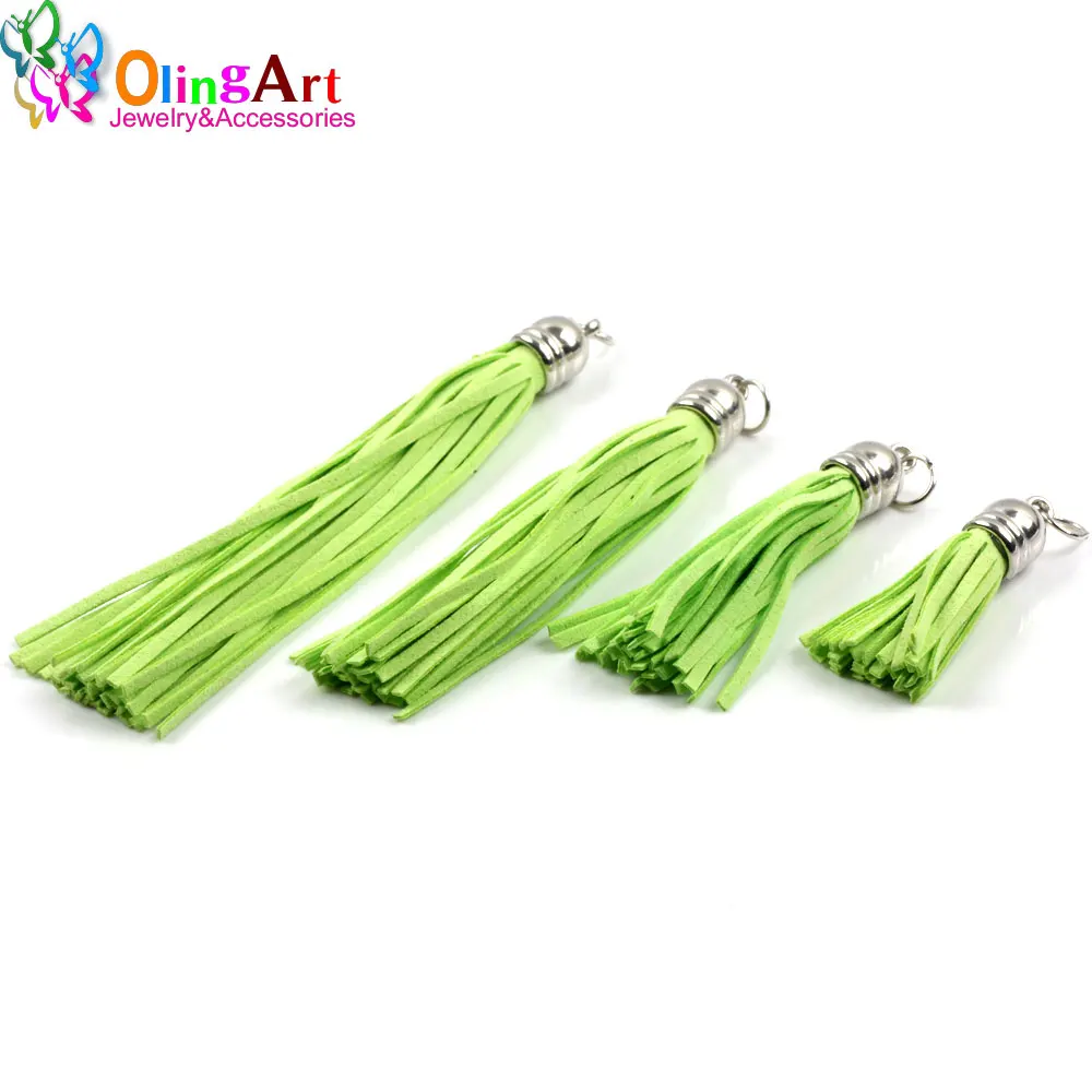 OliangArt 4pcs 4/6/8/10CM Suede Tassel DIY Keychain Cellphone Straps Jewelry making Charms Silver cap Leather Tassels