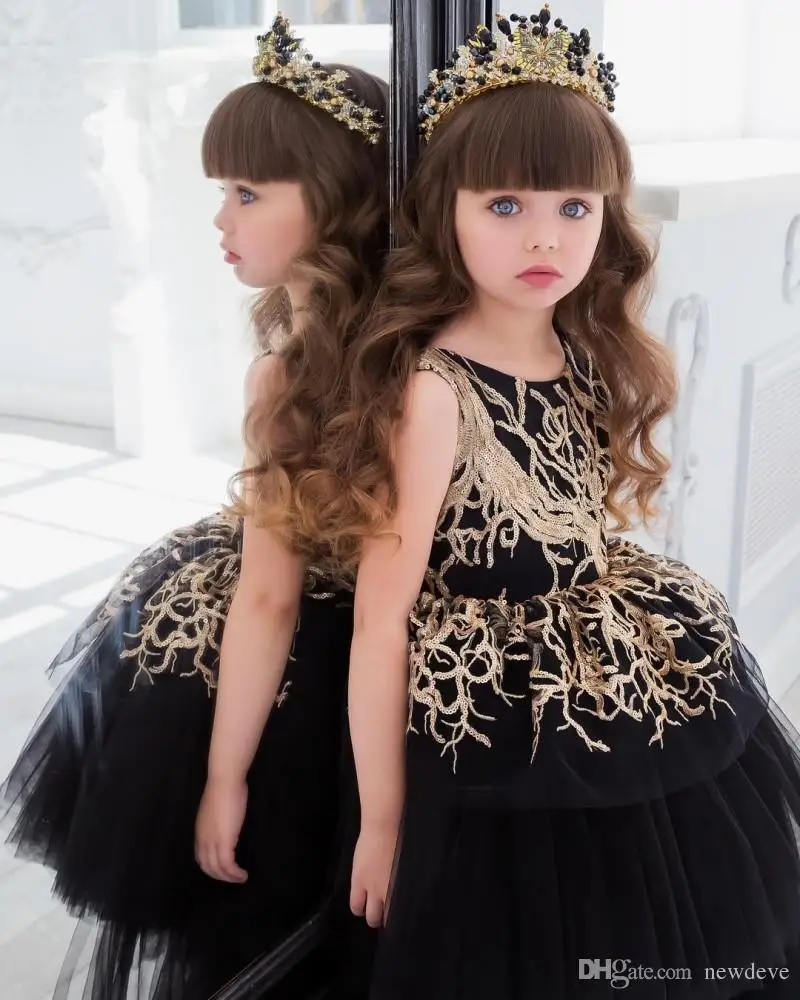 Gold Sequins Flower Girl Dress With Train Black Ball Gown Hi Lo Little Girls Pagesnt Dress Tiered Formal Gowns For Kids