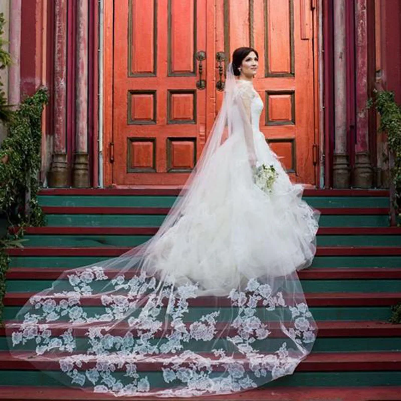 Gorąca sprzedaż Handmade Beauty 3M 1T Bridal Cathedral długi welon koronki aplikacja niestandardowe białe kości słoniowej darmowe grzebień welony ślubne