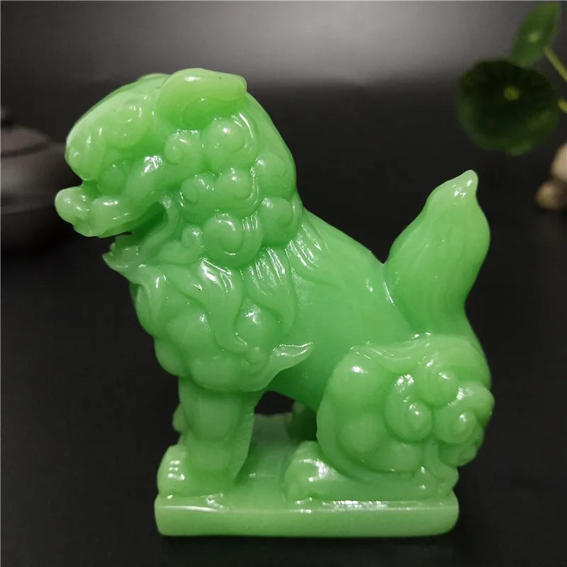2 Pcs Glowing Chinese Lions Statue Fu Foo Dogs Sculptures Figurine Luminous Man-made Jade Stone Decoration Statues For Home