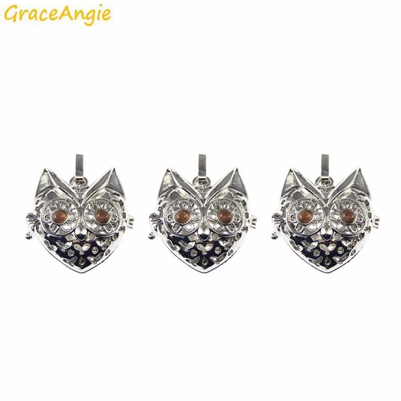 GraceAngie 1PCS White K Copper Plated Zinc Alloy Owl Shape Cage Locket Perfume Essential Necklace Pendant Charms Jewelry