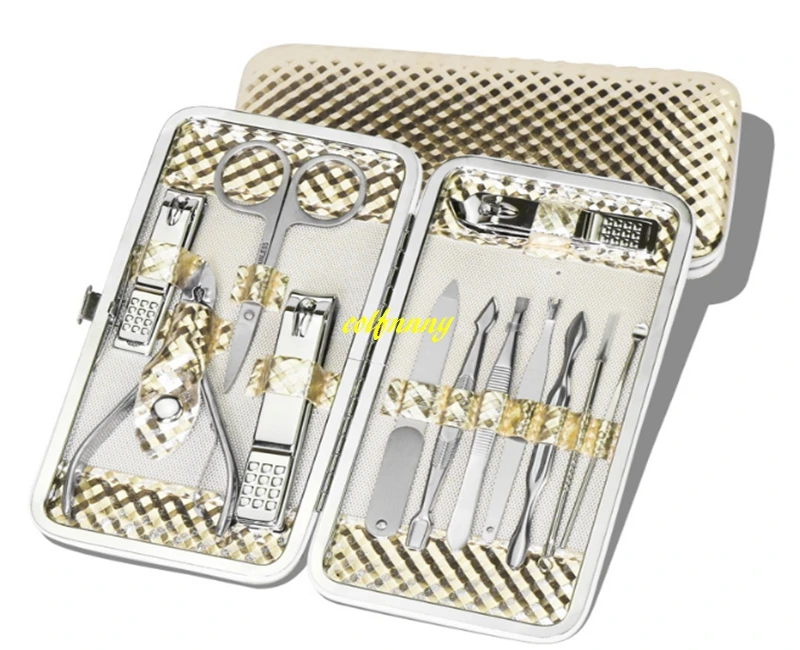 100sets Wedding Party gift 12 in 1 Stainless Steel Nail Clipper Scissors Tweezer Cutter Clip Cuticle Grooming Kit With Gold box