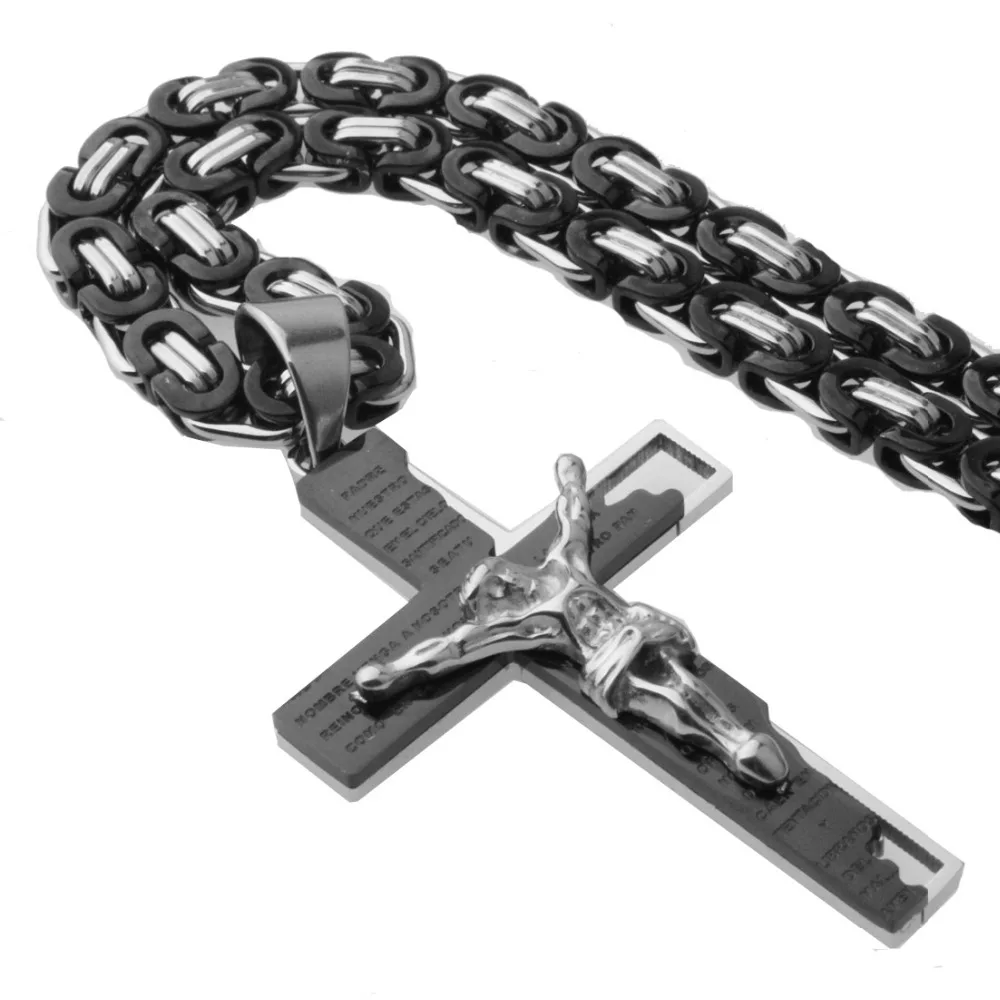 New Arrival Jesus Cross Crystal Pendant Necklace Link Byzantine Silver Black Color Stainless Steel Men Jewelry Collier 18-30\