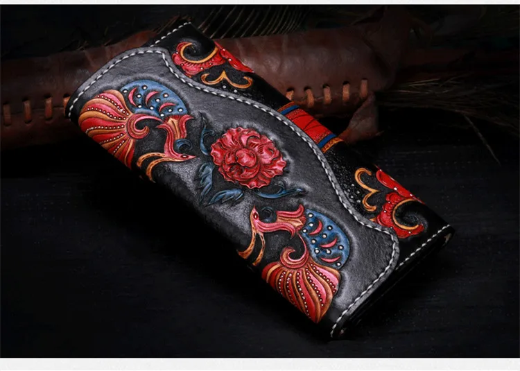 Genuine Leather Wallets Carving Floral Bag Purses Women Clutch Vegetable Tanned Leather Flowers Wallet New Year Gifts