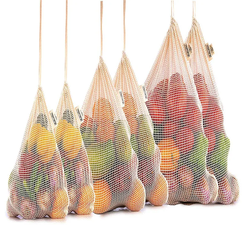 6pcs/set Reusable Cotton Mesh Produce Bags Fruit Vegetable Shopping Organize Bag Washable Durable Grocery Tote Carry Pouch Bag