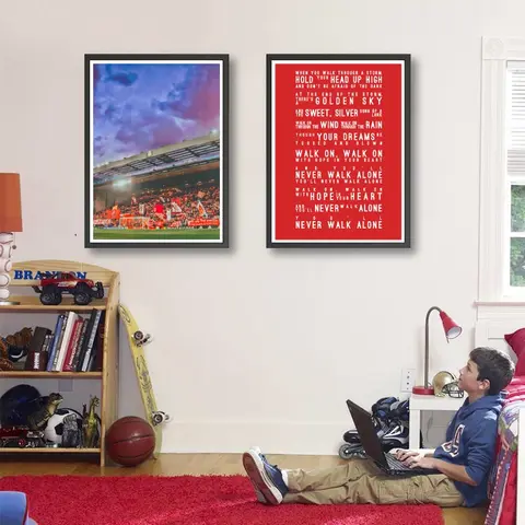 Anfield Stadium 리버풀 아트 프린트 벽 아트 그림 포스터, 당신은 결코 혼자 걷지 않을 것입니다 가사 아트 캔버스 페인팅 홈 장식