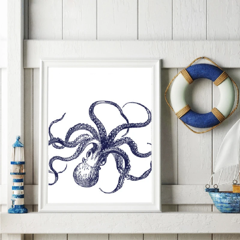 Octopus Nautical Vintage Posters and Prints Kraken Octopus,Sea horse Canvas Painting Pictures Rustic Bathroom Wall Art Decor