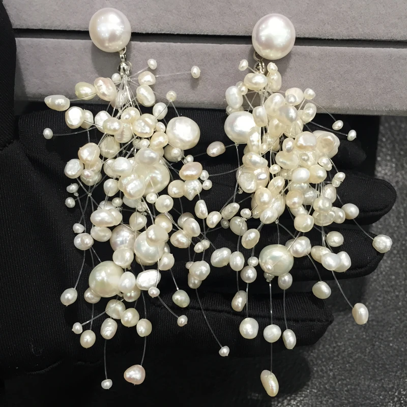 Hyperbole Natural fresh water  pearl drop earring big and small size mixed  long earring fashion women jewelry  free shipping