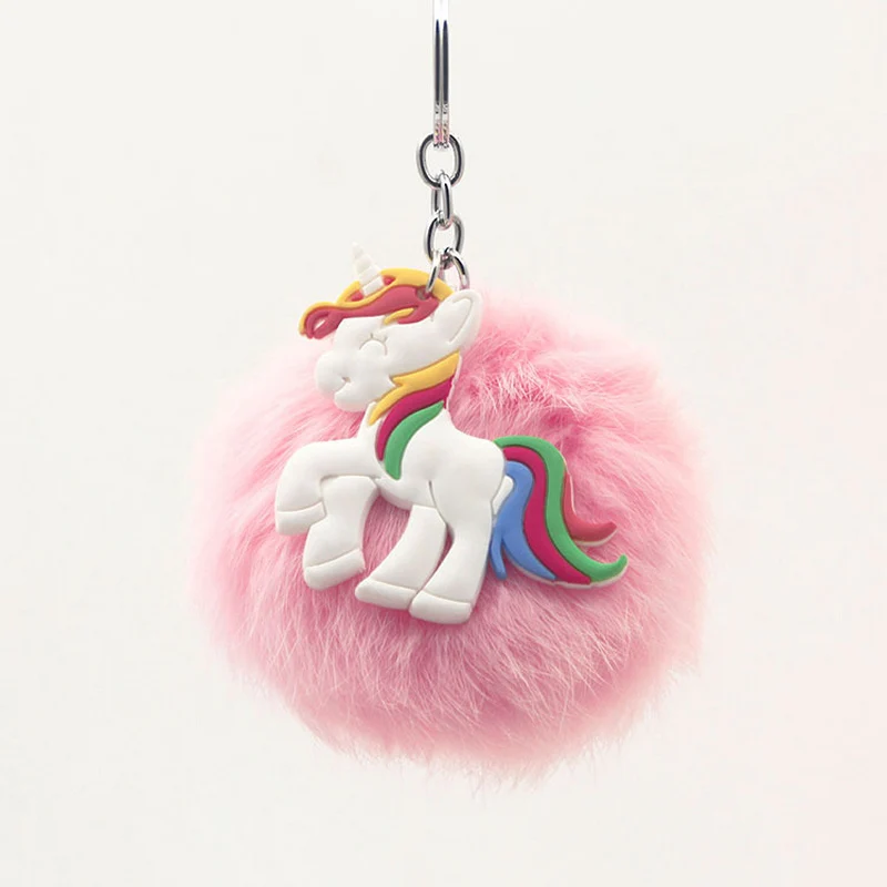 Original New Fluffy Fur Ball Pompon Unicorn Keychain Women Pom Pom Fur Ball Keyring Horse Charm Bag Trinket Wedding gift