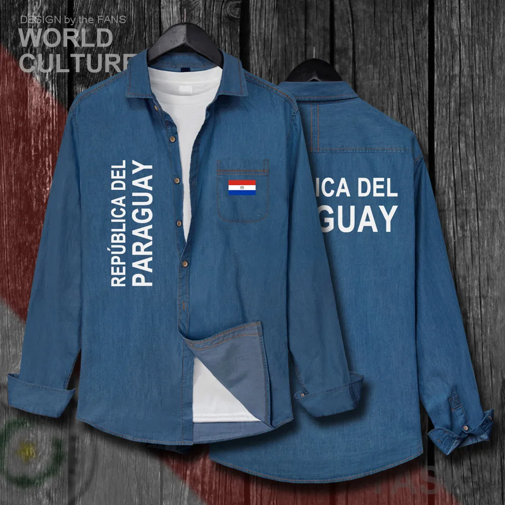 

Paraguay PRY Paraguayan Mestizo Men Flags Clothes Autumn Cotton Long Sleeve Cowboy Coat Fashion Turn-down Collar Jeans Shirt Top