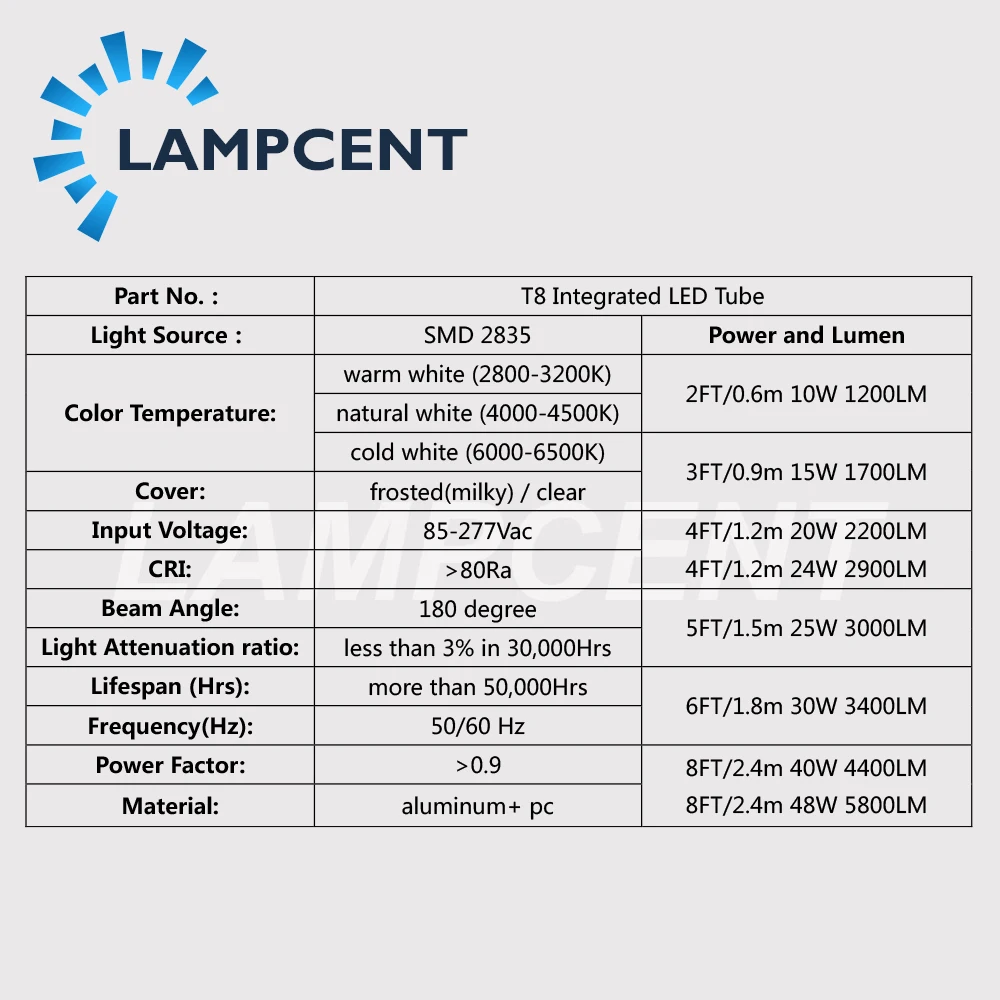 20-100/Pack T8 Integrated LED Tube 2,3,4,5,6,8FT 6500K LED Shop Lighting Fixture