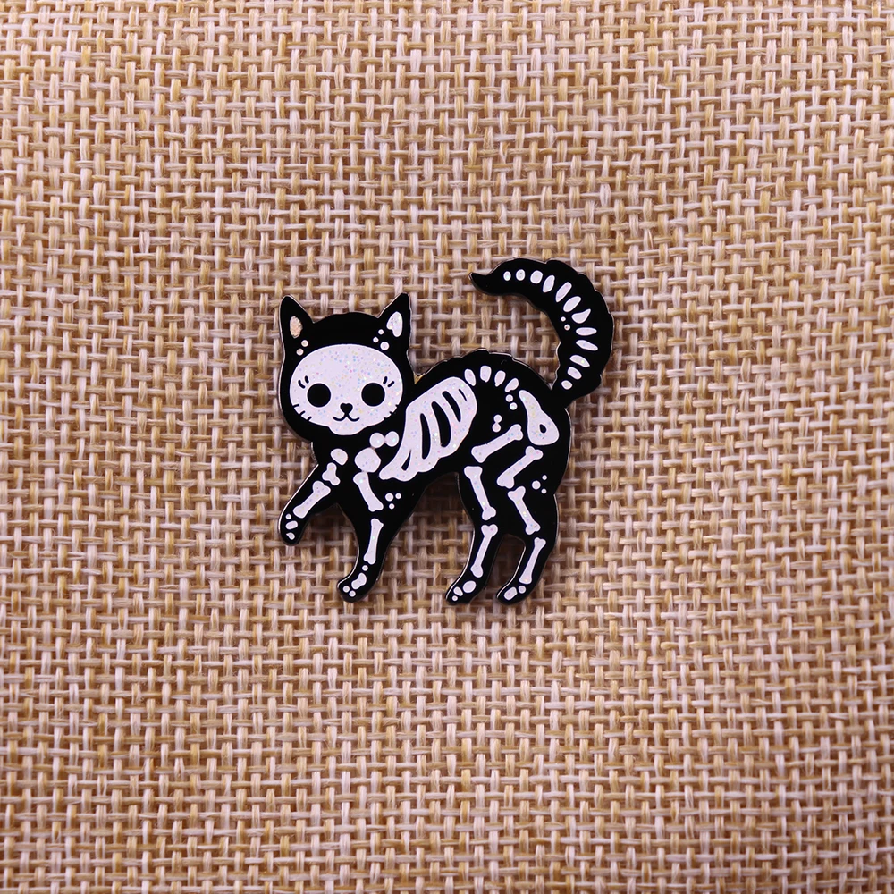 X-ray Skeleton Cat Pin black and white Skulls Halloween badge