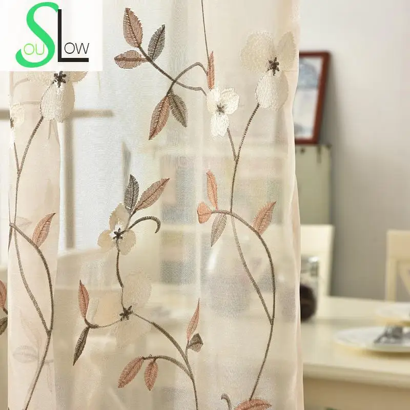 

Slow Soul Beige Coffee American Iris Countryside Style Flower Embroidery High end Tulle Curtains Kitchen For Living Room Sheer