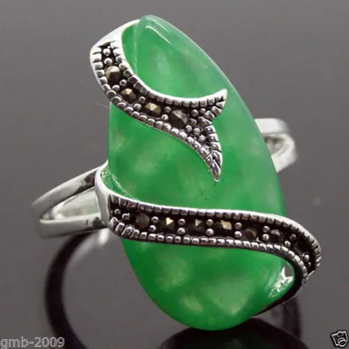 24*13mm 925 Silver Natural Green Natural JADE Snake Shape Marcasite Ring Size 7/8/9/10