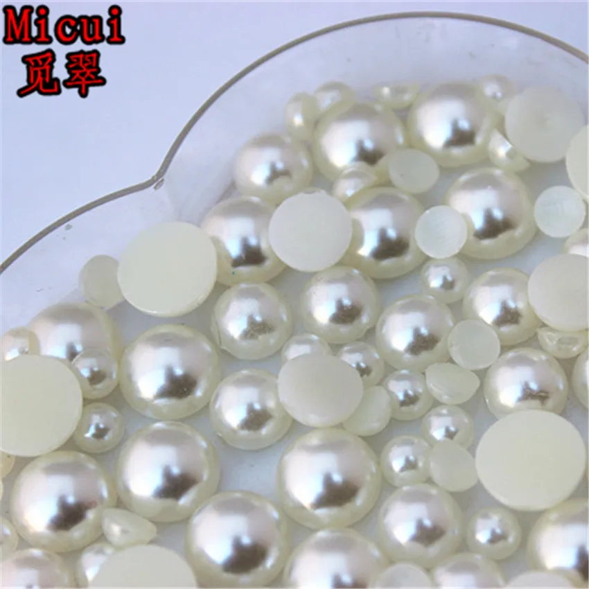 Micui 6/8/10/12mm White/Ivory Round Imitation Pearl ABS Half Pearls Flatback BeadS For Jeweory Clothes Crafts Decoration MC134