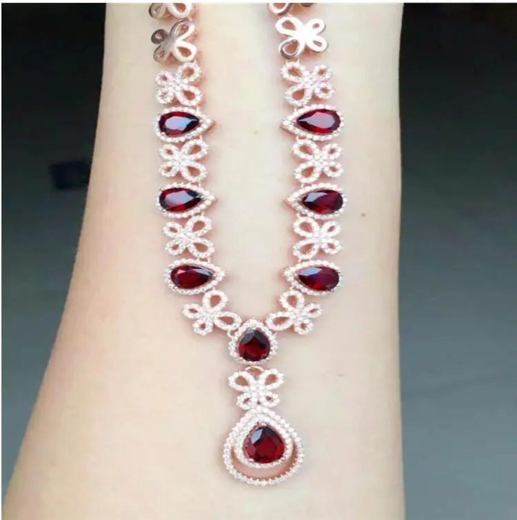 Free shipping Natural garnet necklace pendant Real origin red garnet 925 sterling silver Fine jewelry 5*7  6*8mm 8pcs