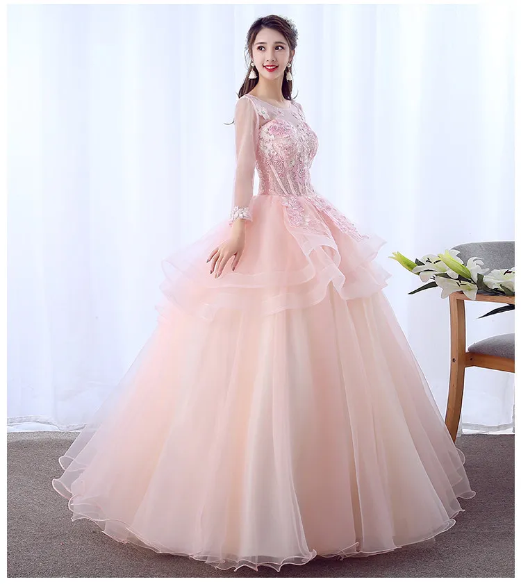 100%real light pale pink fairy long sleeve cosplay ball gown royal princess Medieval Renaissance Victorian dress Belle ball