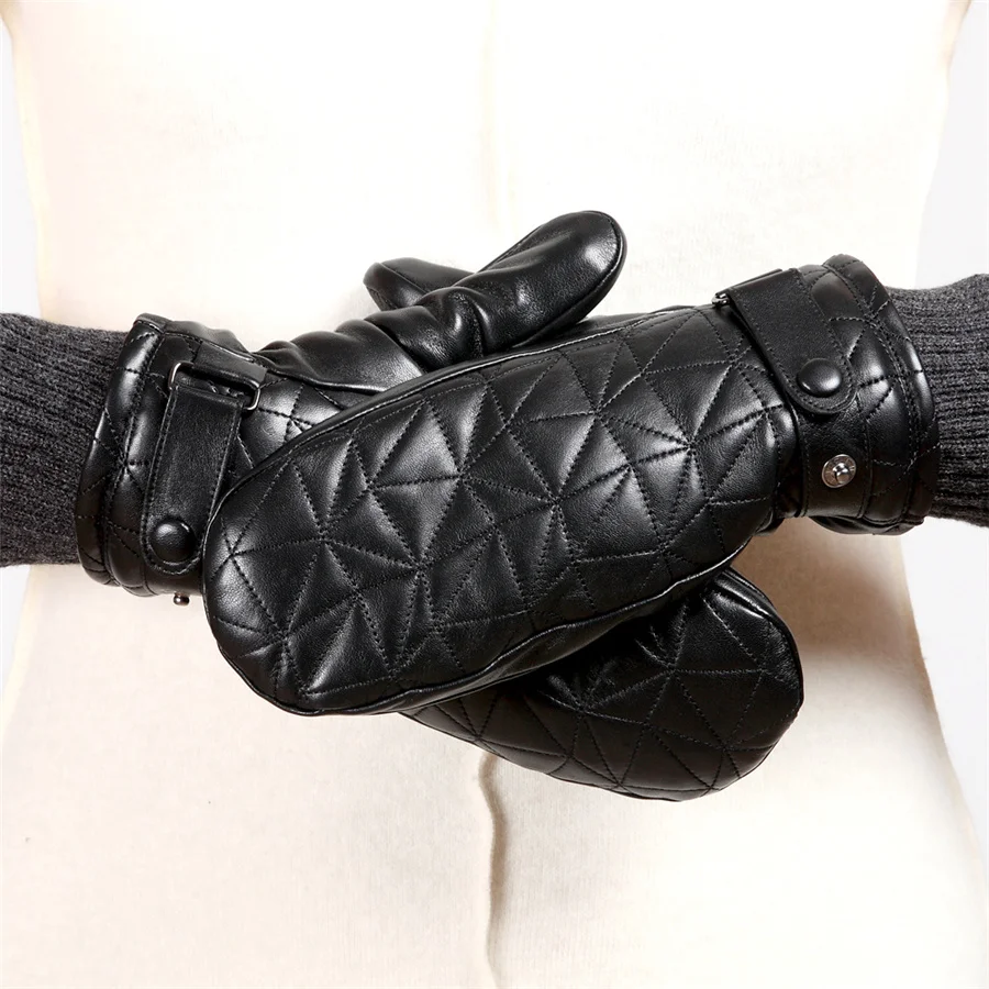 High Quality Women Genuine Leather Gloves Autumn Winter Plus Velvet Thicken Sheepskin Fingerless Gloves Female Mittens L155NY-5