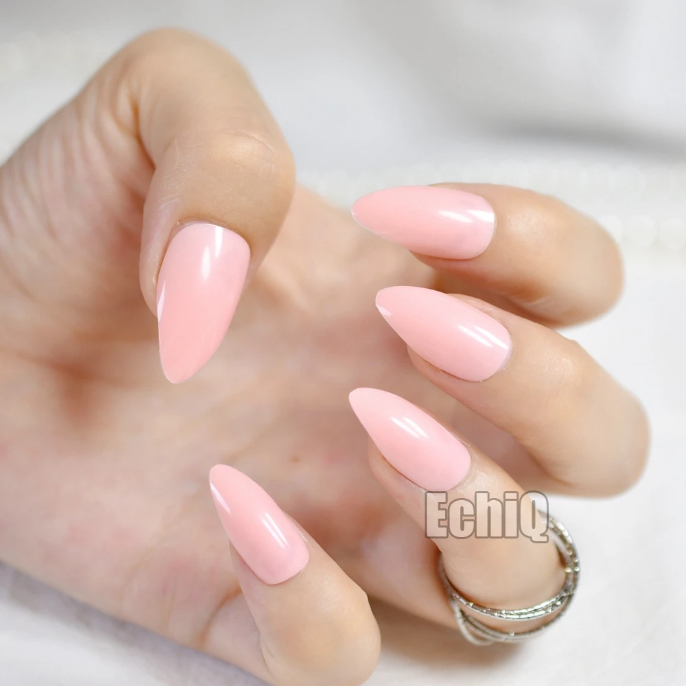 Fashion Pink Lotus Color Oval Sharp end Stiletto False Nails Baby Pink Pointed Fake Nails Tips Manicure Artificial Nails Salon