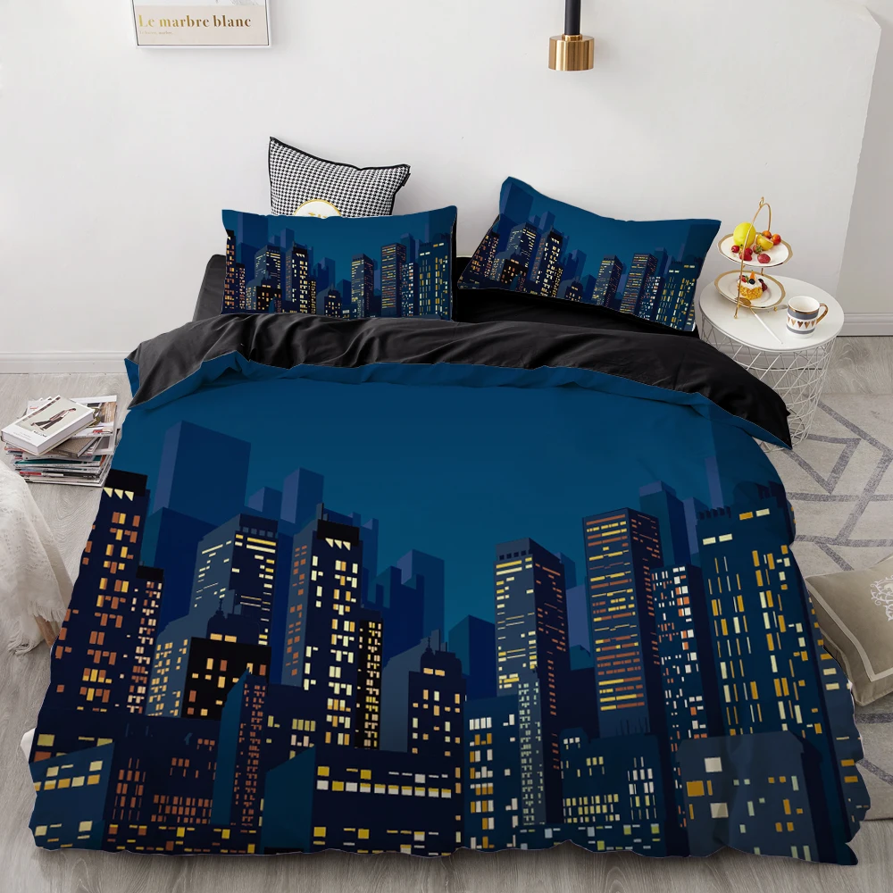 3D HD Digital Printing Bedding Set,Custom Duvet Cover Set Single/Double/Queen/Cal King,City night Bedclothes Bed Sets