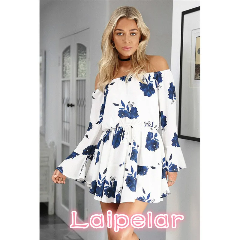 Fashion Women Slash Neck Lady off Shoulder Flare Sleeve Empire Waist Tunic Floral Clothes Laipelar