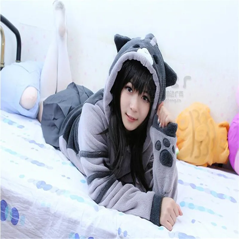 Hot Sale 2024 Kawaii Cosplay Costume Cute Cat Thicken Tops Hoodies Flannel Gray Hooded Sweatershirts Winter Coat Jacket