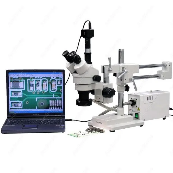 Trinocular Fiber Optic Boom Microscope--AmScope Supplies 3.5X-90X Trinocular Fiber Optic Boom Stereo Microscope with 10MP Camera