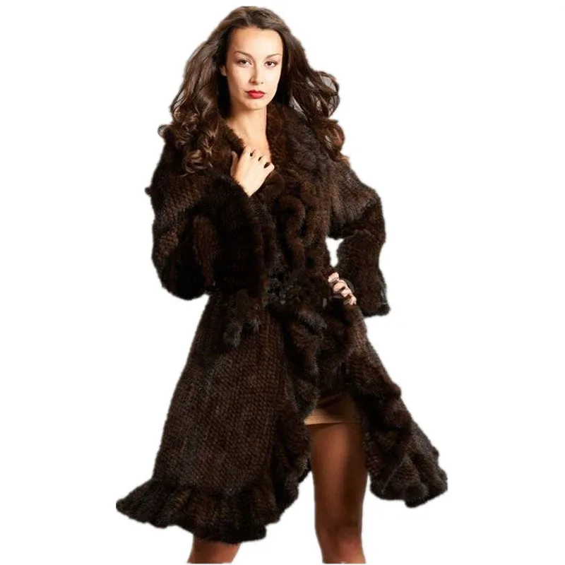 Luxury Women Genuine Mink fur ruffle design Knitted Mink Fur Coat Jackets Natural fur Outerwear Overcoat Long female