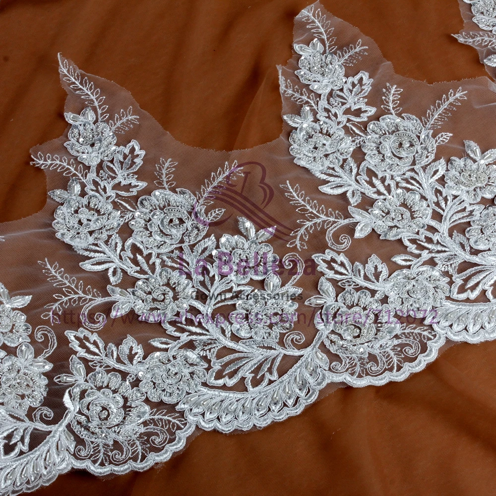 La Belleza Pure White/off white with beading/without beading  embroidered Front skirt lace  trim 33cm width 2 yards/lot