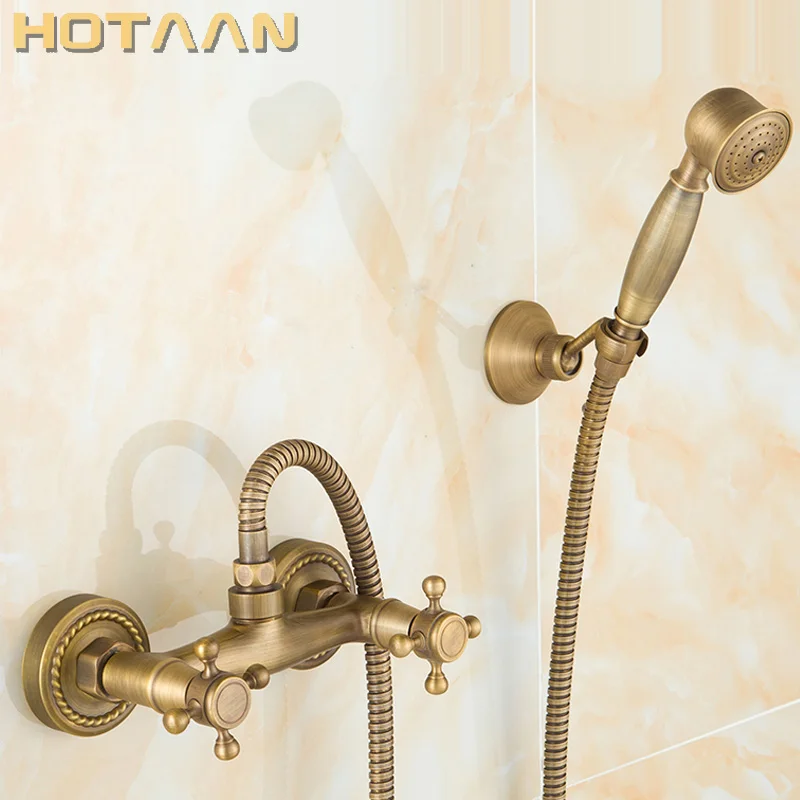 Hotaan Antique Brass Bathroom Shower Faucet Set With Basin Tap Brass Shower Faucet Bathtub Water Mixer Tap Hot and Cold Water