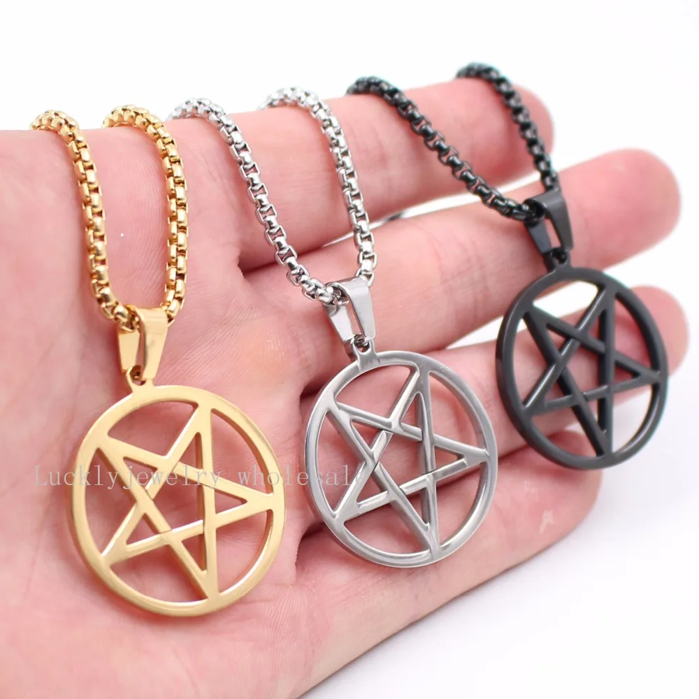 

24'' Punk Trendy 3mm Square Rolo Chain Stainless Steel 30mm Wicca Inverted Pentagram religion Pendant necklace