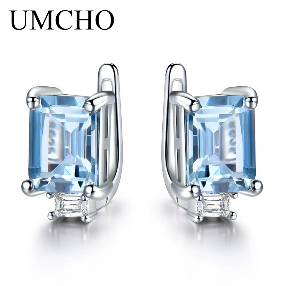 UMCHO Sky Blue Topaz Clip Earrings for Women Solid 925 Sterling Silver Princess Cut Trendy Silver 925 Jewelry Birthstone Gift