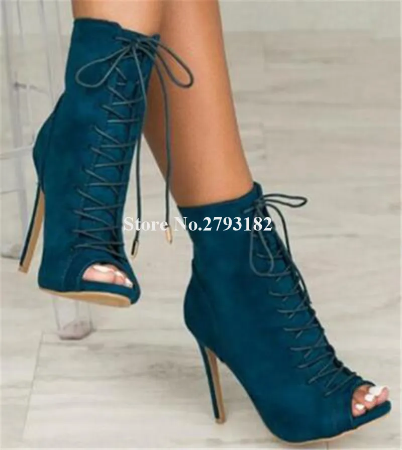 

Brand Fashion Women Peep Toe Suede Leather Stiletto Heel Short Gladiator Boots Lace-up Blue Army Green High Heel Ankle Booties