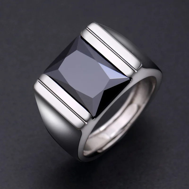 BOCAI Trendy 100% Real 925 Silver Natural Obsidian Ring for Men Adjustable Size Fashion Christmas Gift