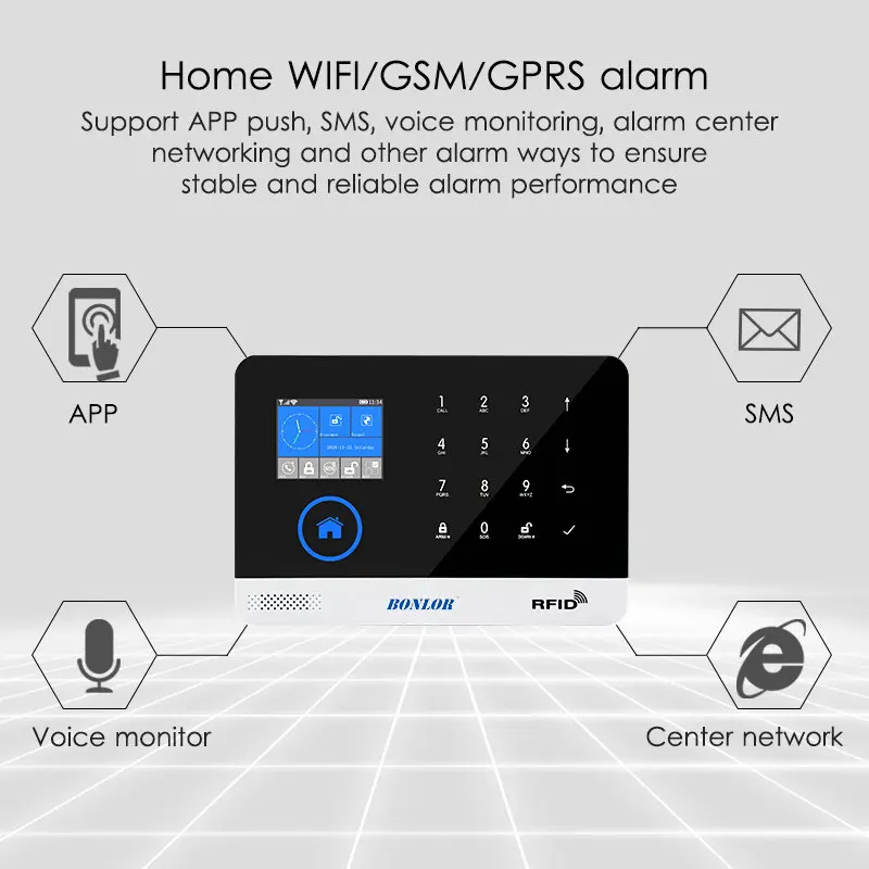 BONLOR NL RU ES PL DE Schakelbare Draadloze Home Security WIFI GSM GPRS alarmsysteem APP Afstandsbediening rfid-kaart Arm Ontw